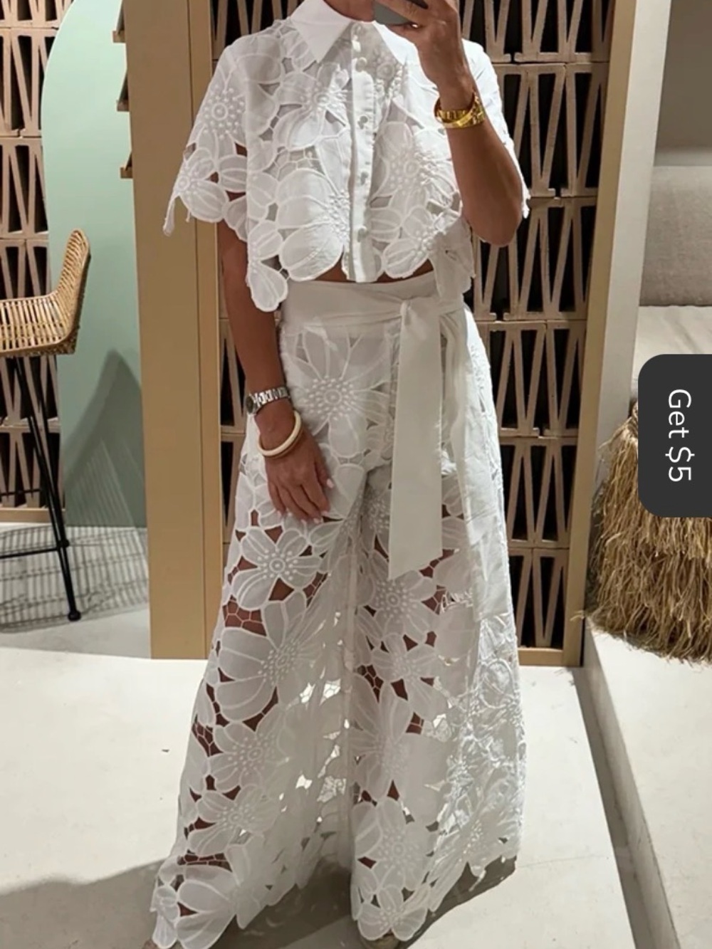 White Floral Eyelet Wide-Leg Pants with Self Tie Belt